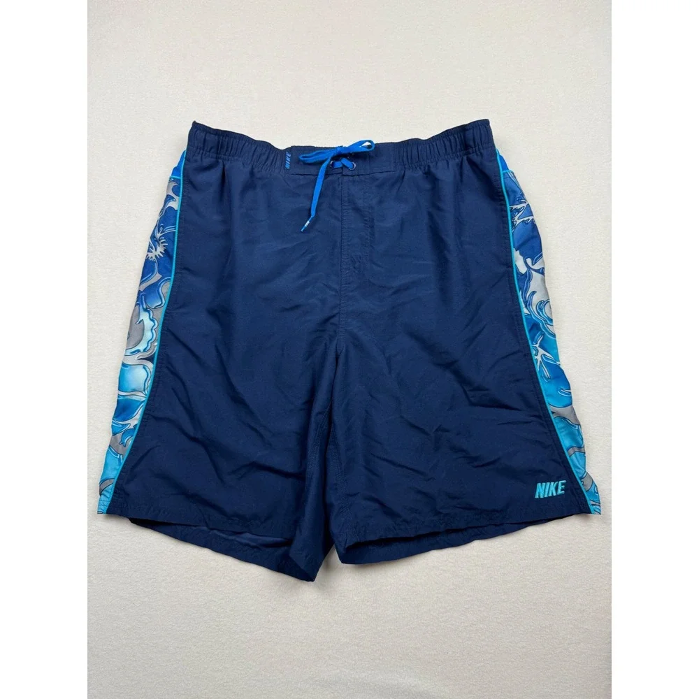 Nike XXL‎ Blue Swim Trunks Board Shorts Men's Floral Sides Elastic Mesh Lined